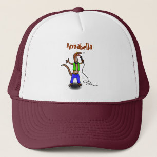 Funny lizard zingt met cartoon van de microfoon trucker pet