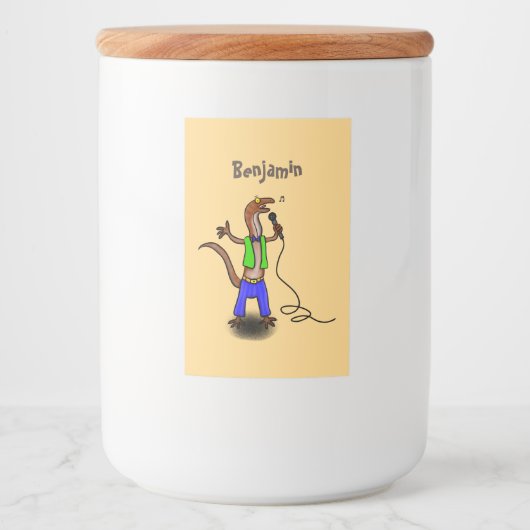 Funny lizard zingt met cartoon van de microfoon voedselcontainer etiket (Voorkant)