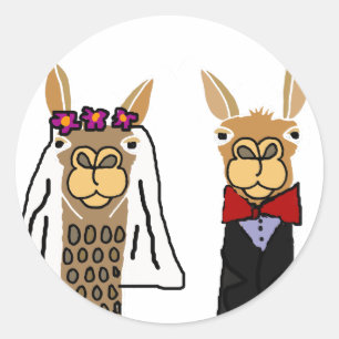 Funny Llama Bride en Groom Wedding Art Ronde Sticker