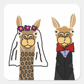 Funny Llama Bride en Groom Wedding Art Vierkante Sticker