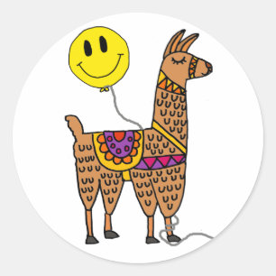 Funny Llama met Smiley Face Balloon Cartoon Ronde Sticker