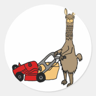 Funny Llama Pushing Lawn Mower Cartoon Ronde Sticker
