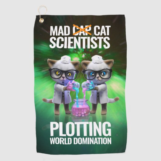 Funny Mad Cat Scientists die de wereldheerschappij Golfhanddoek (Voorkant)