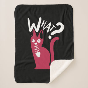 Funny Magenta Cat on Black Cartoonish Sherpa Deken