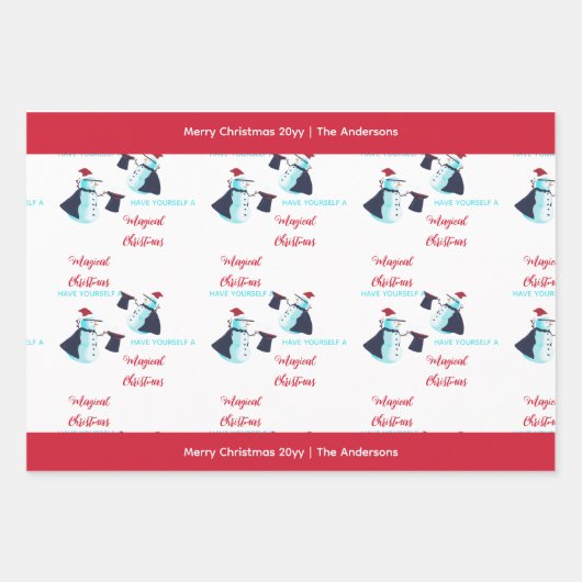Funny Magicia Snowmen Santa Hat Pattern Kerstmis Inpakpapier Vel (Voorkant)