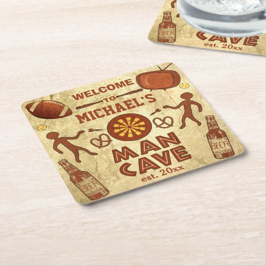 Funny Man Cave met Jouw naam Custom Vierkante Kartonnen Onderzetter (Schuin)