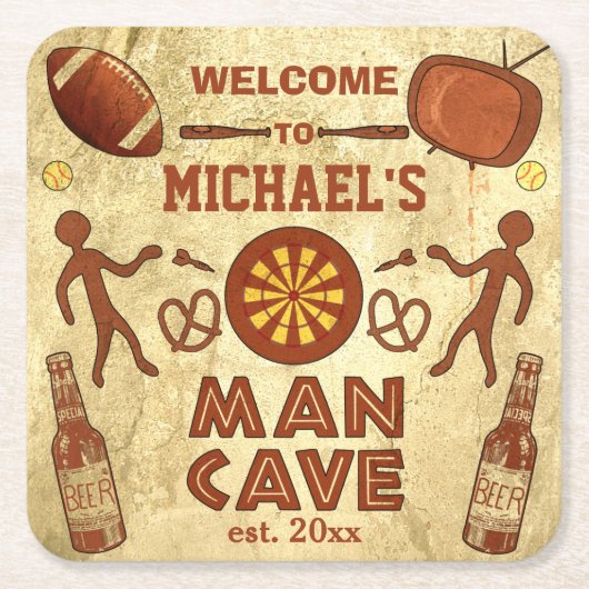 Funny Man Cave met Jouw naam Custom Vierkante Kartonnen Onderzetter (Voorkant)