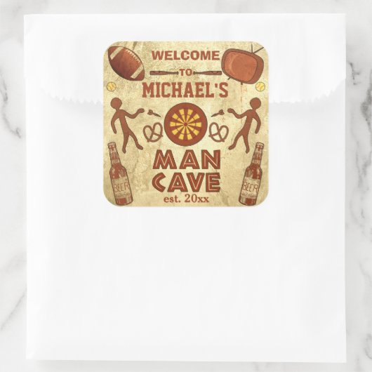 Funny Man Cave met Jouw naam Custom Vierkante Sticker (Tas)