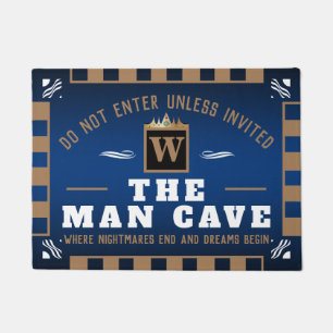 Funny MAN CAVE met Monogram DEEP BLUE Welkom Deurmat