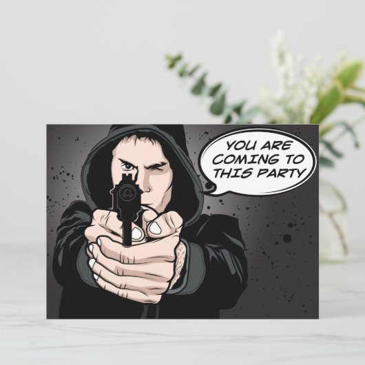 Funny Man Pointing Pistool Cartoon Kaart (Staand voorkant)