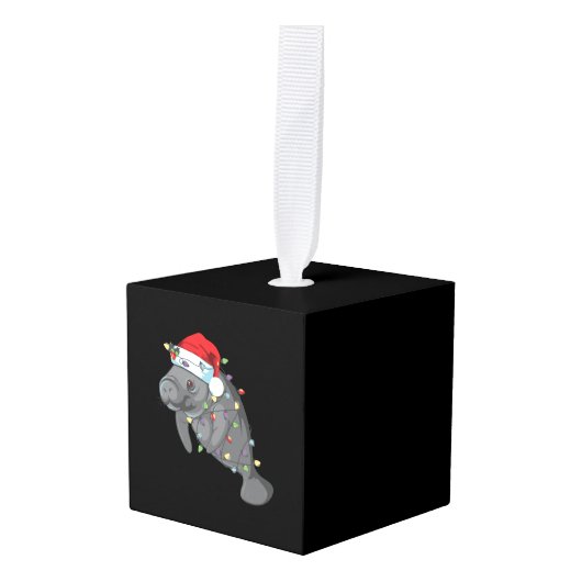 Funny Manatee in Santa Hat Manatee kerstpajam Kubus Ornament (Voorkant hoekig)