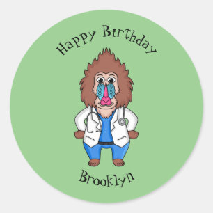 Funny mandrill dokter cartoon illustratie ronde sticker