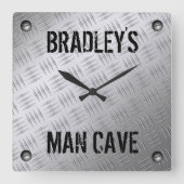 Funny Manly Man Cave Worn Steel Diamond Deckplate Vierkante Klok (Voorkant)