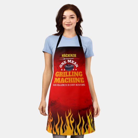Funny Mean Grilling Machine met naam en vlam Schort (Gedragen)