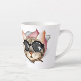 Funny “Meow” Cat with Glasses Design Latte Mok