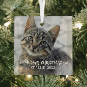 Funny MEOWY CHRISTMAS Cat Photo Glas Ornament