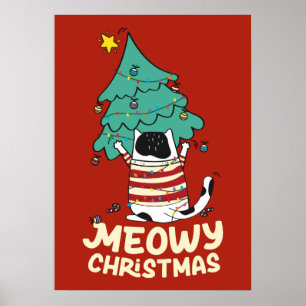 Funny Meowy Kerstmis - Rumpy Tuxedo kat - kerstboo Poster