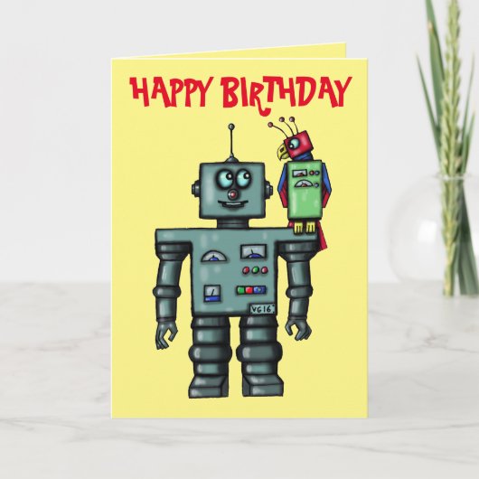 Funny mignon robot et perroquet joyeux carte d'ann (Devant)
