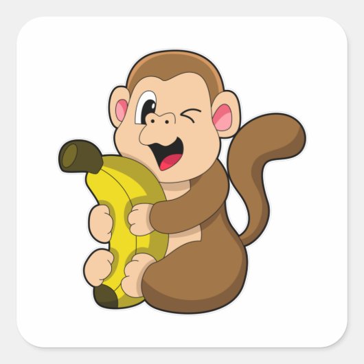 Funny Monkey met Banana Vierkante Sticker (Voorkant)