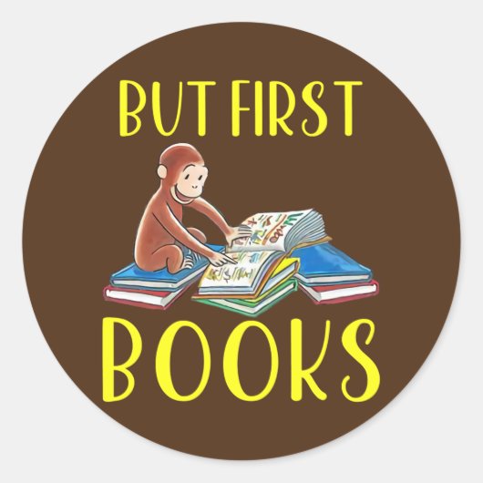 Funny Monkey Reading Book but First Books Ronde Sticker (Voorkant)