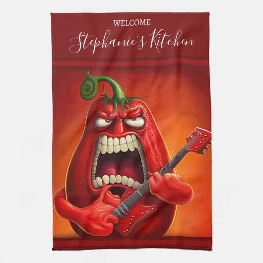Funny Monster Red Bell Pepper Rocker Guitar Theedoek (Verticaal)