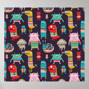 Funny Monsters Cartoon Naadloos Patroon Poster