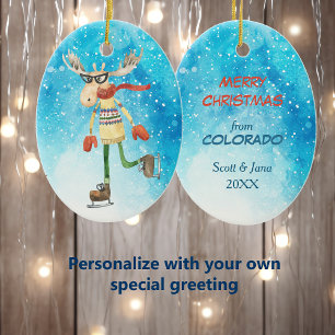 Funny Moose Skater Colorado Kerstmis Keramisch Ornament