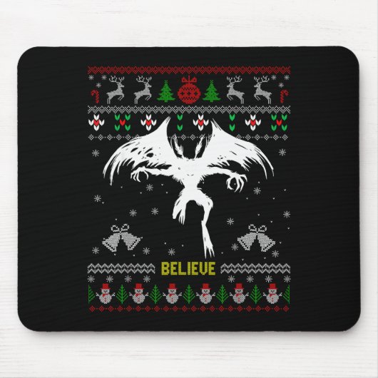 Funny Mothman Ugly Christmas Sweater Believe Crypt Muismat (Voorkant)