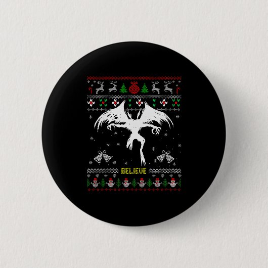 Funny Mothman Ugly Christmas Sweater Believe Crypt Ronde Button 5,7 Cm (Voorkant)