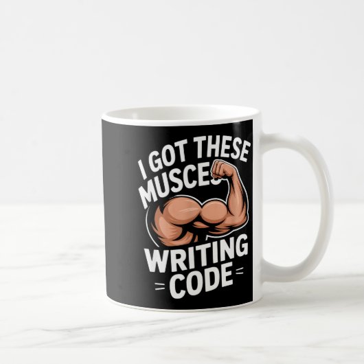 Funny muscles writing code saying programmer Funny Koffiemok (Rechts)