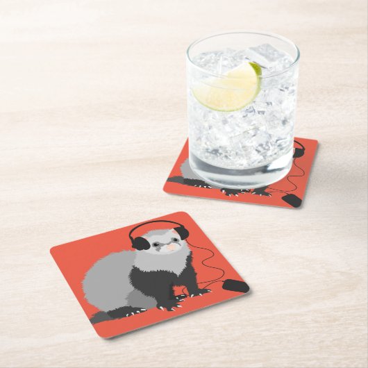 Funny Music Lover Ferret Vierkante Kartonnen Onderzetter (Insitu)