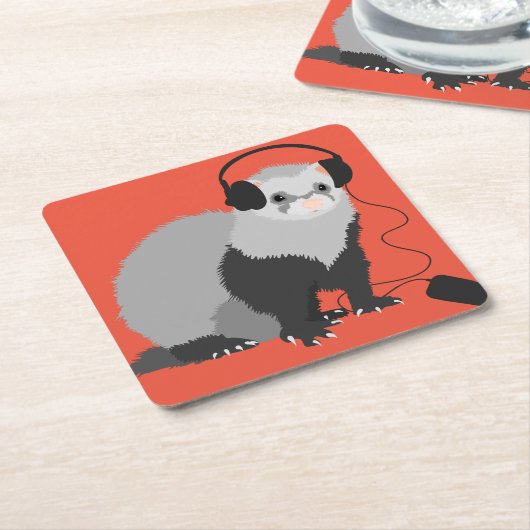 Funny Music Lover Ferret Vierkante Kartonnen Onderzetter (Schuin)