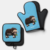 Funny musk ox cartoon illustratie ovenwant & pannenlap set (Voorkant / Achterkant)