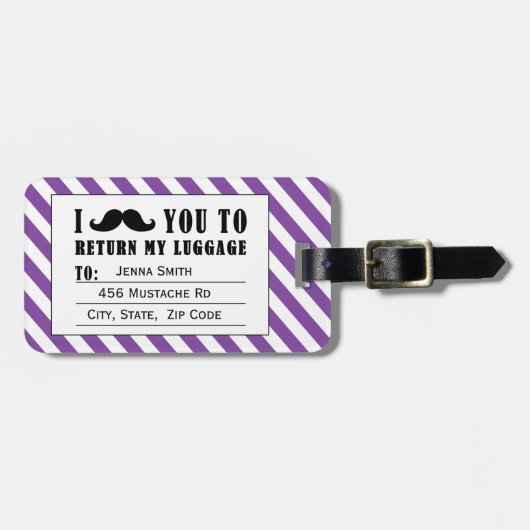 FUNNY MUSTACHE BAGAGELABEL | PAARSE STRIPEN (Voorkant horizontaal)