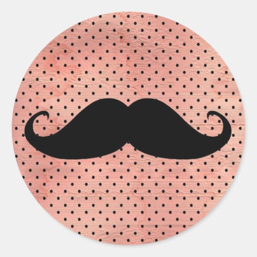 Funny mustache op Cute Pink Dot Background Ronde Sticker (Voorkant)