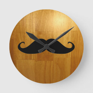 Funny Mustache over Shiny Wood Texture Background Ronde Klok