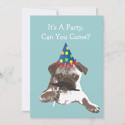 Funny Mustache Pug Birthday Party Invitation Kaart (Voorkant)