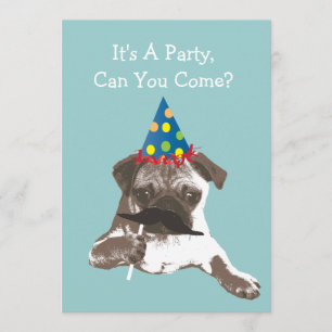 Funny Mustache Pug Birthday Party Invitation Kaart