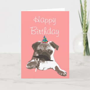 Funny Mustache Pug Happy Birthday Kaart