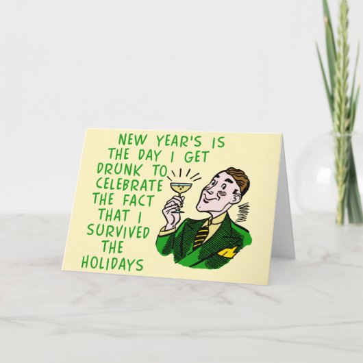 Funny New Years Retro Drink Man met Champagne Feestdagen Kaart (Voorkant)