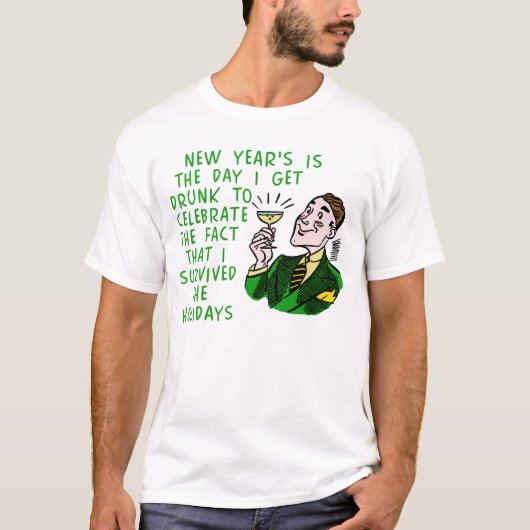 Funny New Years Retro Drink Man met Champagne T-shirt (Voorkant)