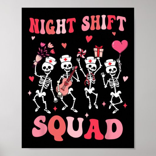 Funny Night Shift Squad Nurses Skeleton Dancing Va Poster (Voorkant)