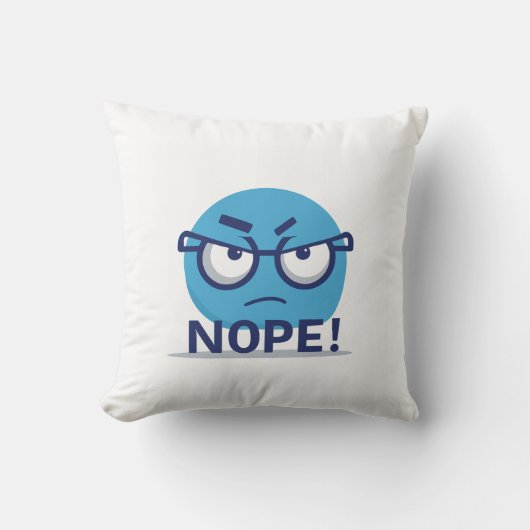Funny Nope Emoji Pillow – Blue Angry Face with Gla Kussen (Voorkant)