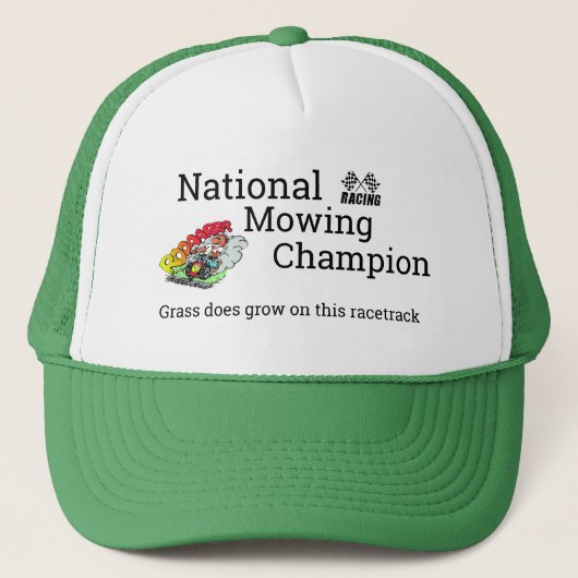 Funny Novelty Graphic NATIONAL MOWING CHAMPION Trucker Pet (Voorkant)