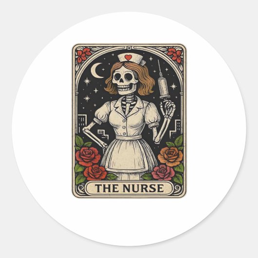Funny Nurse Skeleton Tarot Kaart Halloween Nursing Ronde Sticker (Voorkant)