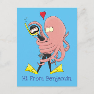 Funny octopus hugs diver cartoon humor briefkaart