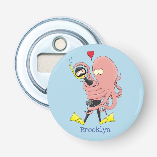 Funny octopus hugs diver cartoon humor button flesopener (Voorkant)