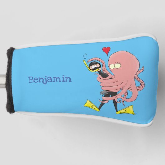 Funny octopus hugs diver cartoon humor golfheadcover (Voorkant)