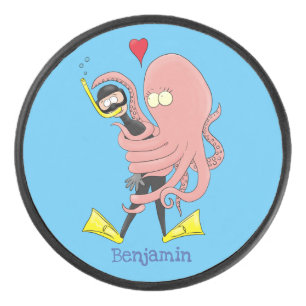 Funny octopus hugs diver cartoon humor hockey puck