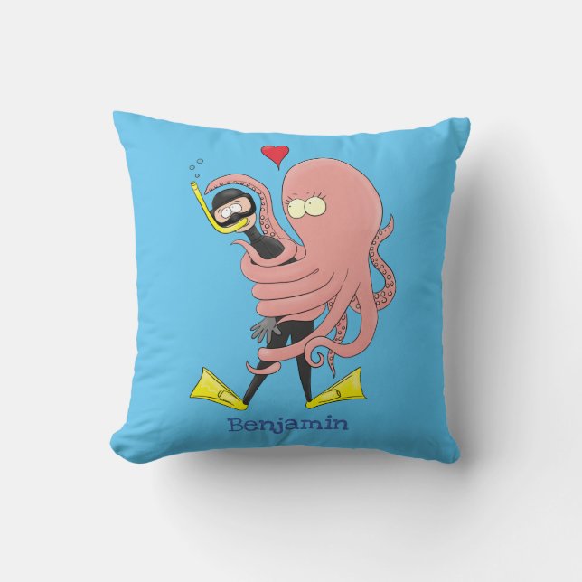 Funny octopus hugs diver cartoon humor kussen (Voorkant)